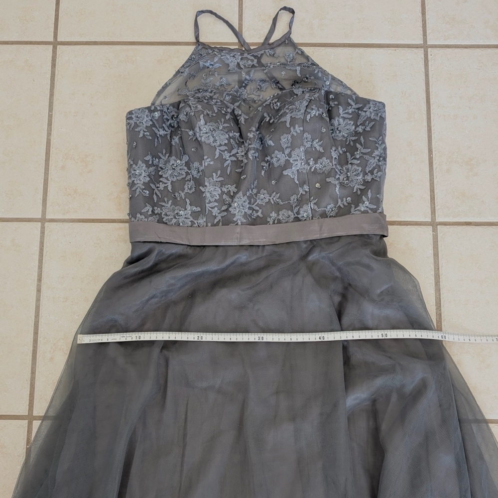 Size L/XL Beaded Grey Silver Cross-Back Mesh Boat Neck Formal Prom Dress Gown - Picture 7 of 15